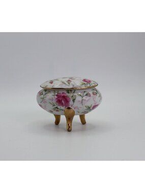 Vintage Floral Porcelain Footed Trinket Box With Lid & Gold Accents